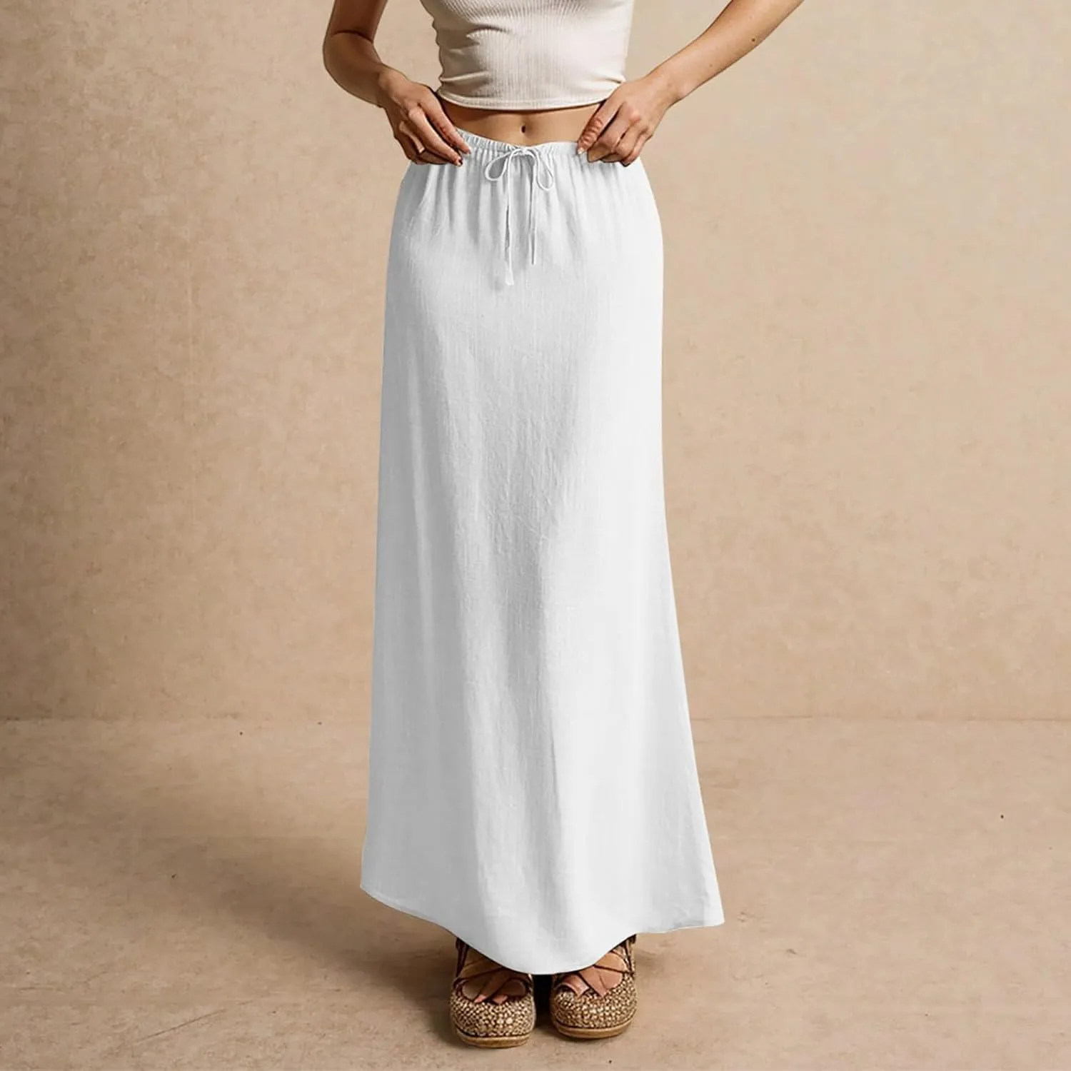 Linen Maxi Skirts for Women Trendy Summer Comfy Drawstring Waist A Line Skirts Cute Vacation Boho Long Flowy Skirts