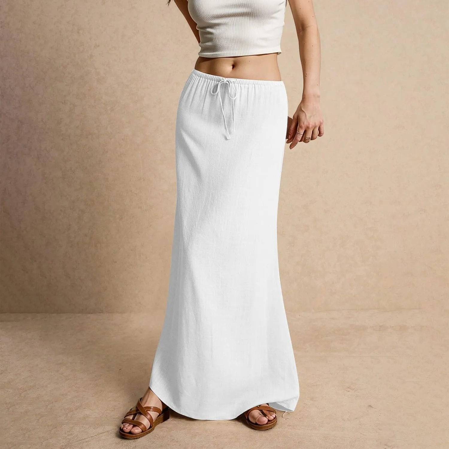 Linen Maxi Skirts for Women Trendy Summer Comfy Drawstring Waist A Line Skirts Cute Vacation Boho Long Flowy Skirts