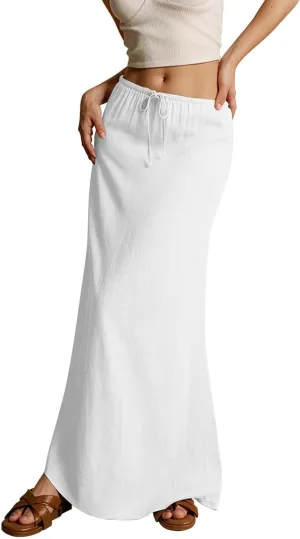 Linen Maxi Skirts for Women Trendy Summer Comfy Drawstring Waist A Line Skirts Cute Vacation Boho Long Flowy Skirts