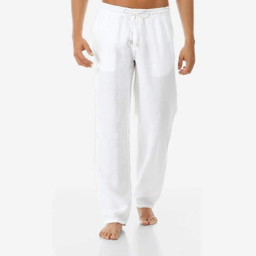 Linen Pant for Men Lightweight Drawstring Elastic Waist Casual Pant Baggy Workout Straight Leg Sweatpant with Pockets