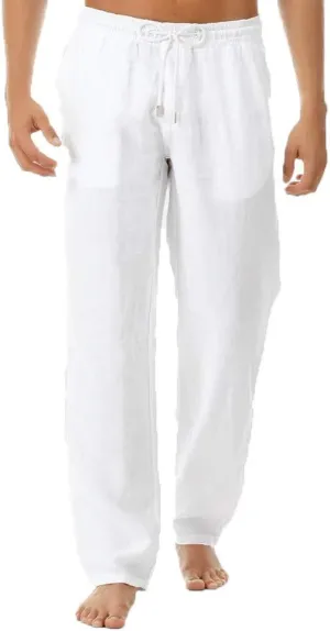 Linen Pant for Men Lightweight Drawstring Elastic Waist Casual Pant Baggy Workout Straight Leg Sweatpant with Pockets