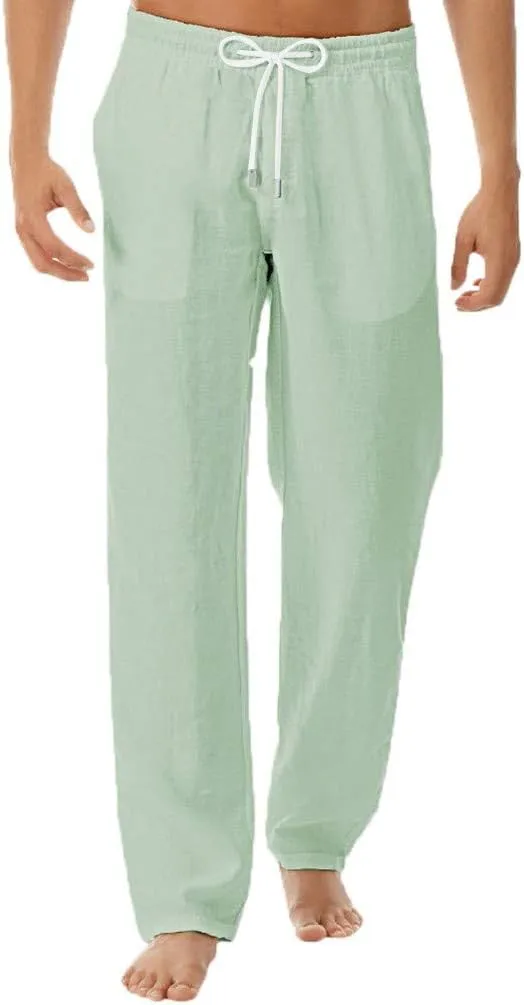 Linen Pant for Men Lightweight Drawstring Elastic Waist Casual Pant Baggy Workout Straight Leg Sweatpant with Pockets