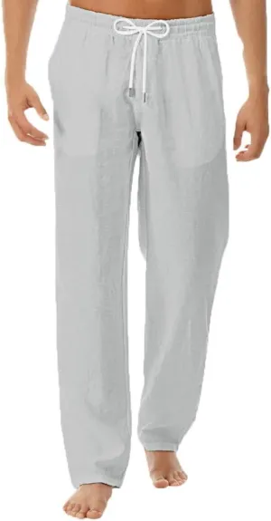 Linen Pant for Men Lightweight Drawstring Elastic Waist Casual Pant Baggy Workout Straight Leg Sweatpant with Pockets
