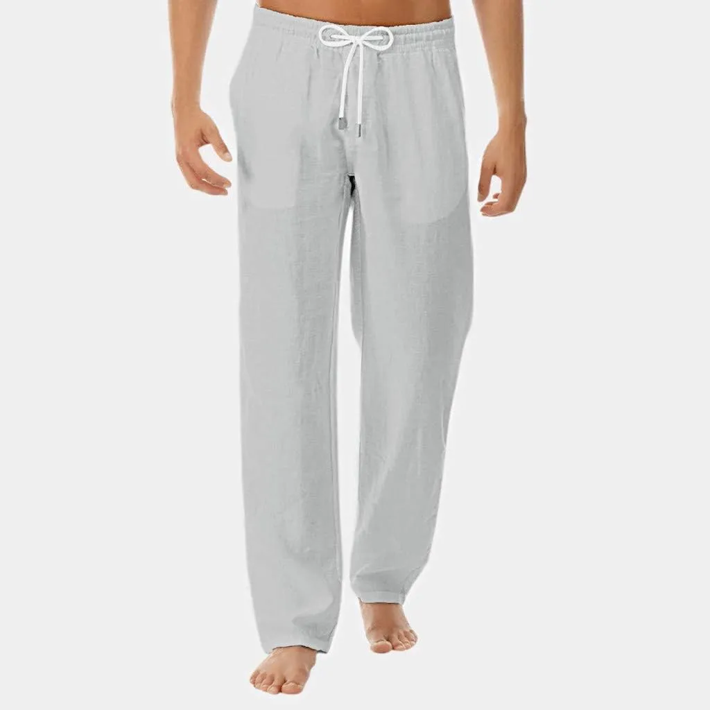 Linen Pant for Men Lightweight Drawstring Elastic Waist Casual Pant Baggy Workout Straight Leg Sweatpant with Pockets