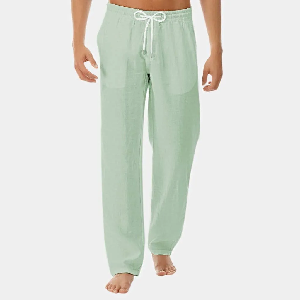 Linen Pant for Men Lightweight Drawstring Elastic Waist Casual Pant Baggy Workout Straight Leg Sweatpant with Pockets
