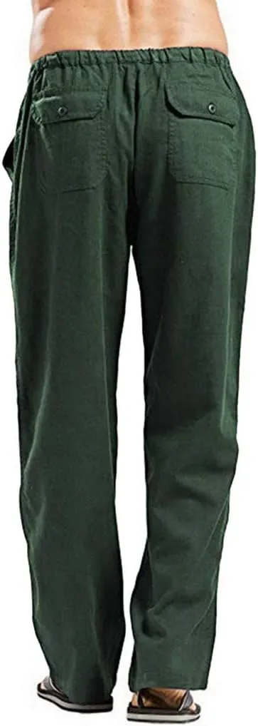 Linen Pants for Men Beach Elastic Drawstring Waist Lounge Beach Pants Summer Casual Straight Leg Dress Trousers