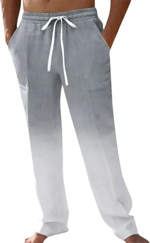 Linen Pants for Men Big and Tall Casual Solid Drawstring Trousers with Pockets Lightweight Color-Blocked Pants