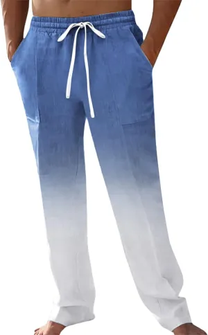 Linen Pants for Men Big and Tall Casual Solid Drawstring Trousers with Pockets Lightweight Color-Blocked Pants