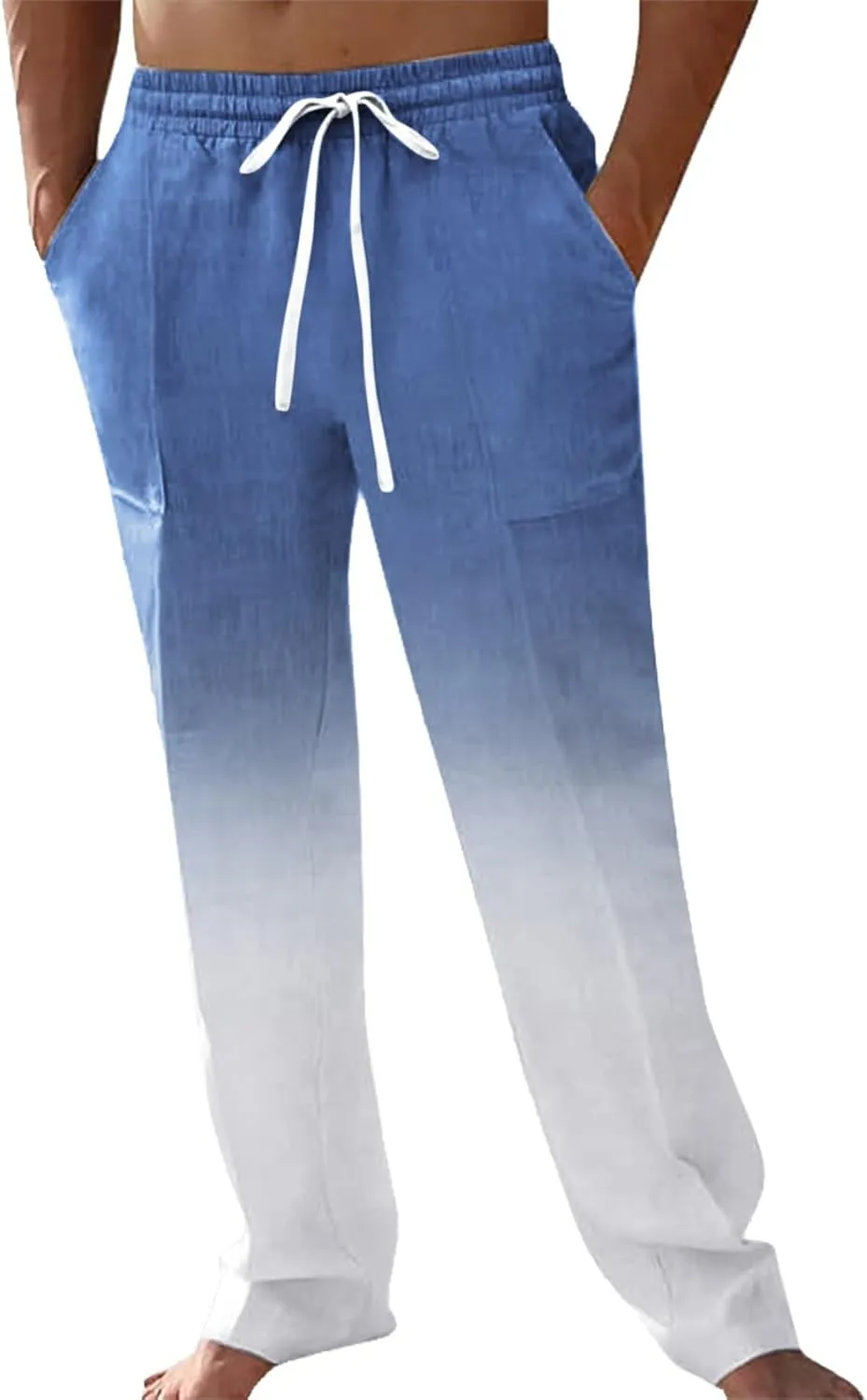 Linen Pants for Men Big and Tall Casual Solid Drawstring Trousers with Pockets Lightweight Color-Blocked Pants