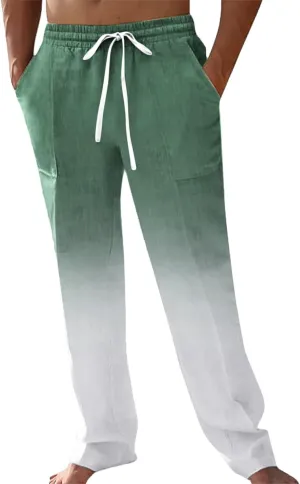 Linen Pants for Men Big and Tall Casual Solid Drawstring Trousers with Pockets Lightweight Color-Blocked Pants