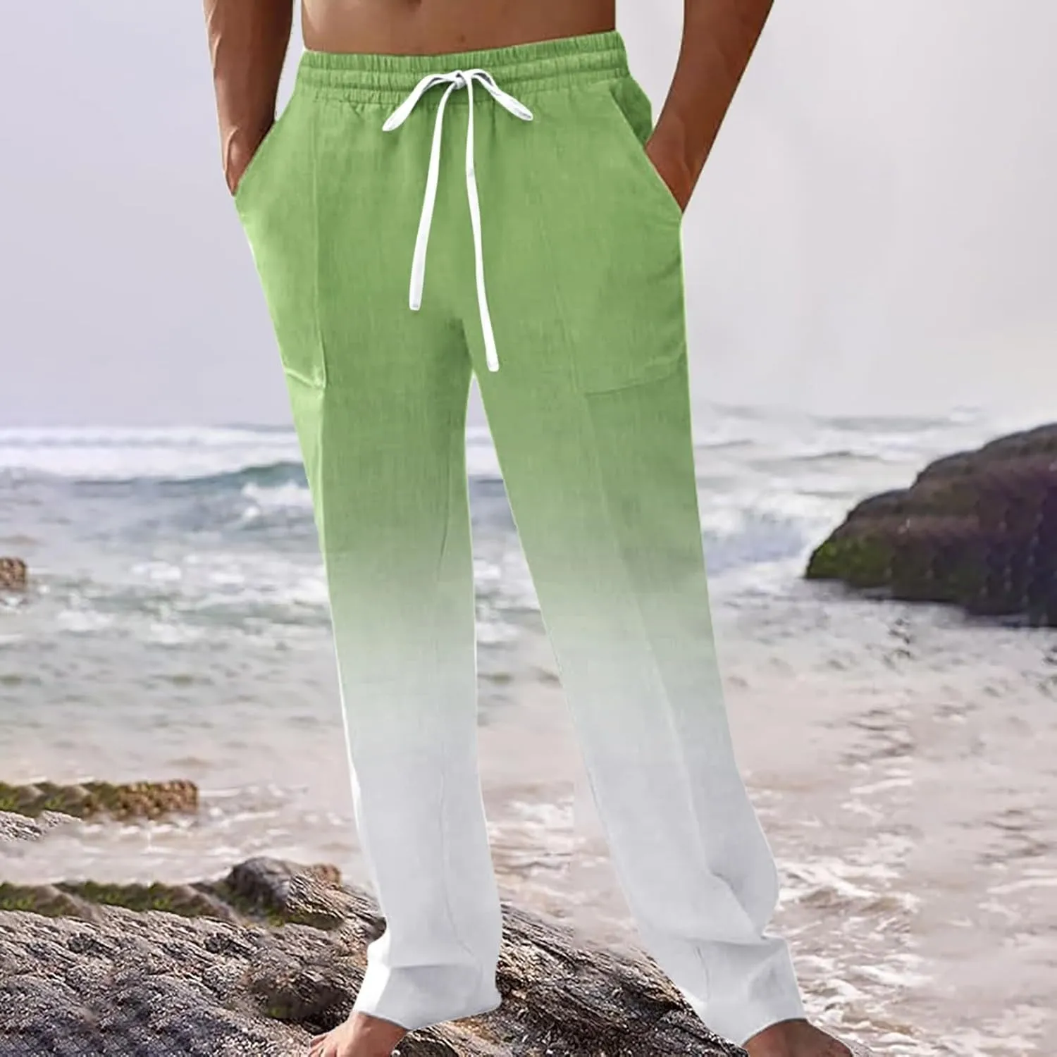 Linen Pants for Men Big and Tall Casual Solid Drawstring Trousers with Pockets Lightweight Color-Blocked Pants