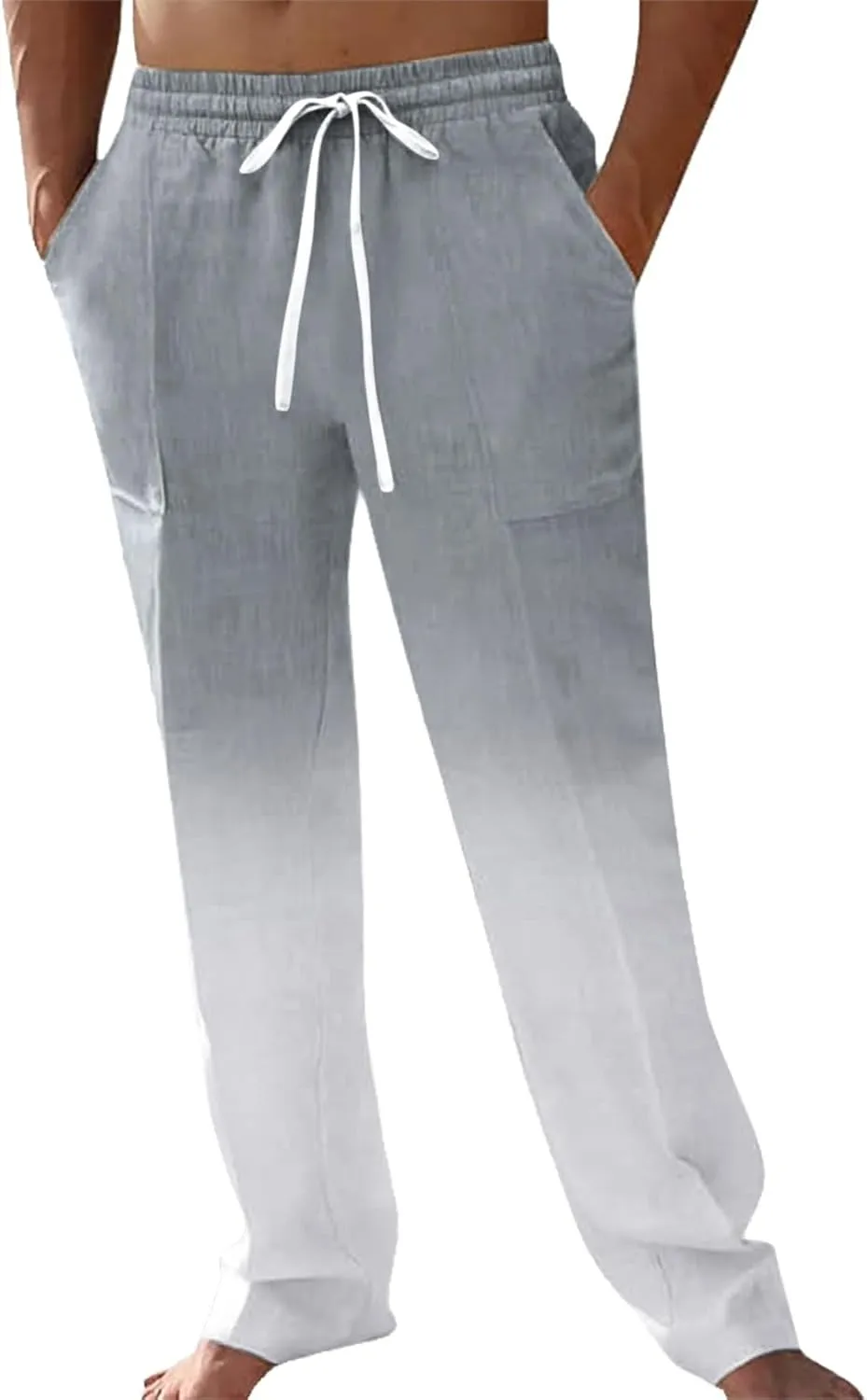Linen Pants for Men Big and Tall Casual Solid Drawstring Trousers with Pockets Lightweight Color-Blocked Pants