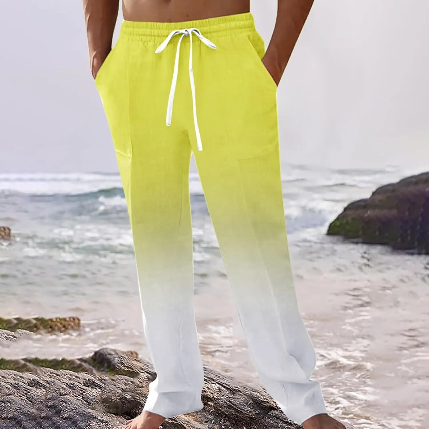 Linen Pants for Men Big and Tall Casual Solid Drawstring Trousers with Pockets Lightweight Color-Blocked Pants