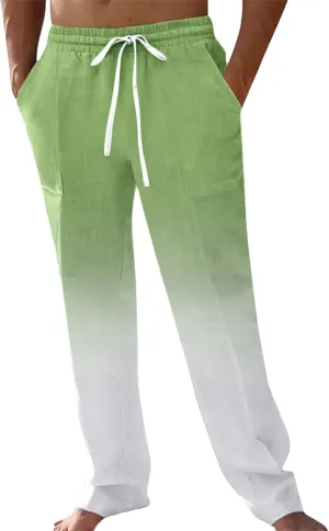 Linen Pants for Men Big and Tall Casual Solid Drawstring Trousers with Pockets Lightweight Color-Blocked Pants
