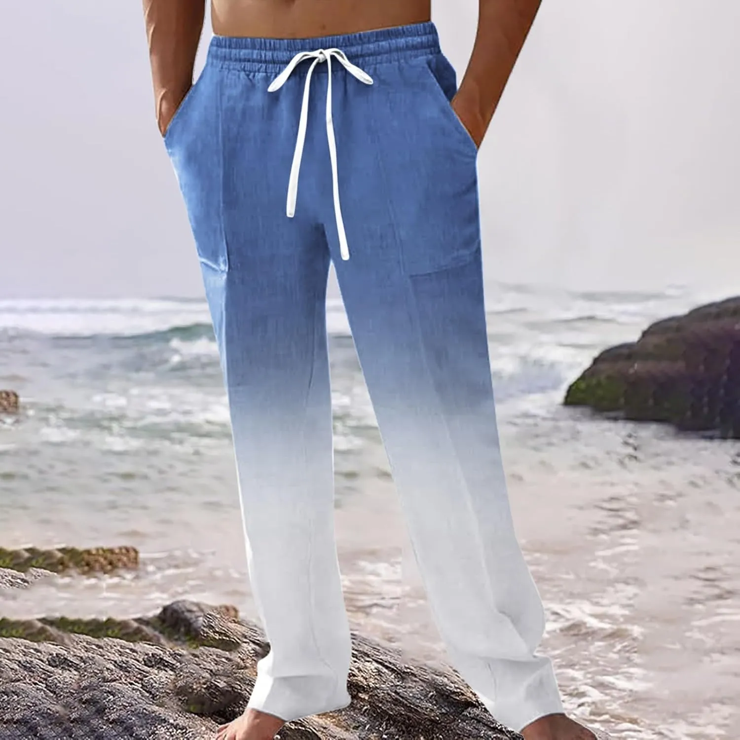 Linen Pants for Men Big and Tall Casual Solid Drawstring Trousers with Pockets Lightweight Color-Blocked Pants