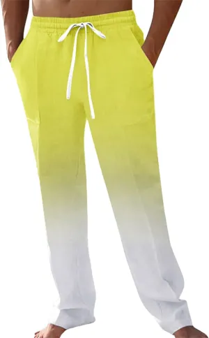 Linen Pants for Men Big and Tall Casual Solid Drawstring Trousers with Pockets Lightweight Color-Blocked Pants