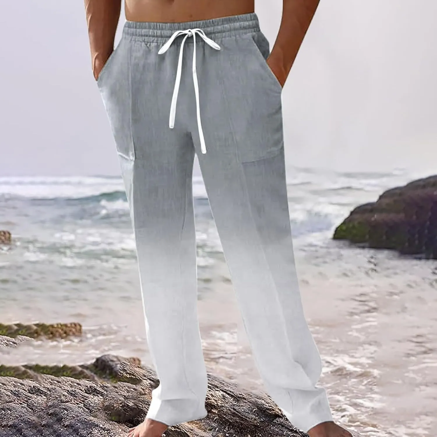 Linen Pants for Men Big and Tall Casual Solid Drawstring Trousers with Pockets Lightweight Color-Blocked Pants