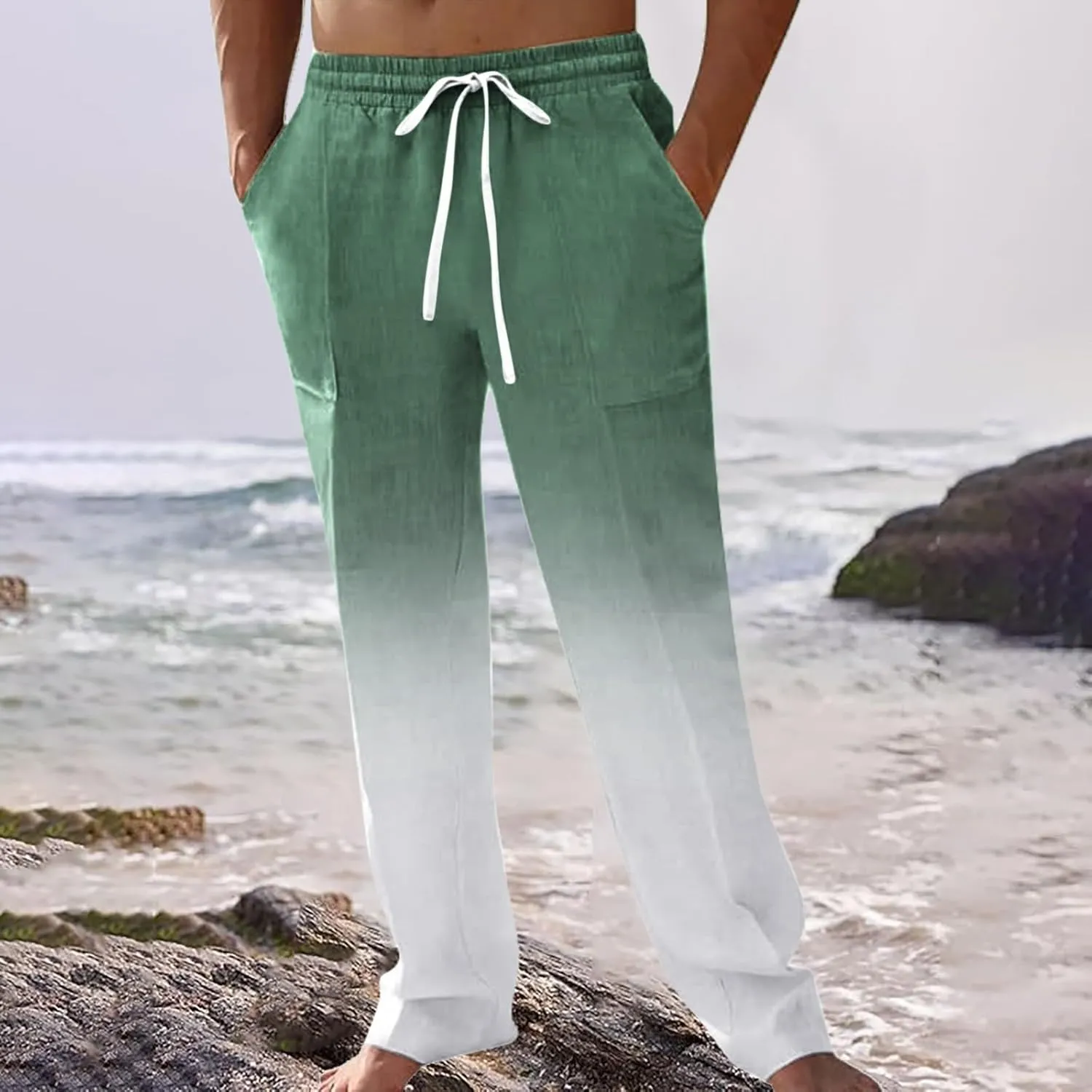 Linen Pants for Men Big and Tall Casual Solid Drawstring Trousers with Pockets Lightweight Color-Blocked Pants