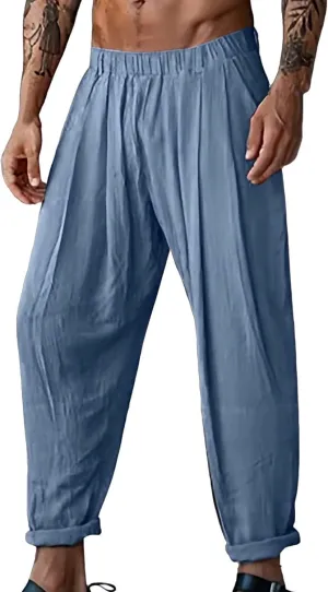 Linen Pants for Men Loose Fit Casual Drawstring Elastic Waist Beach Pants Summer Lightweight Trouser with Pockets