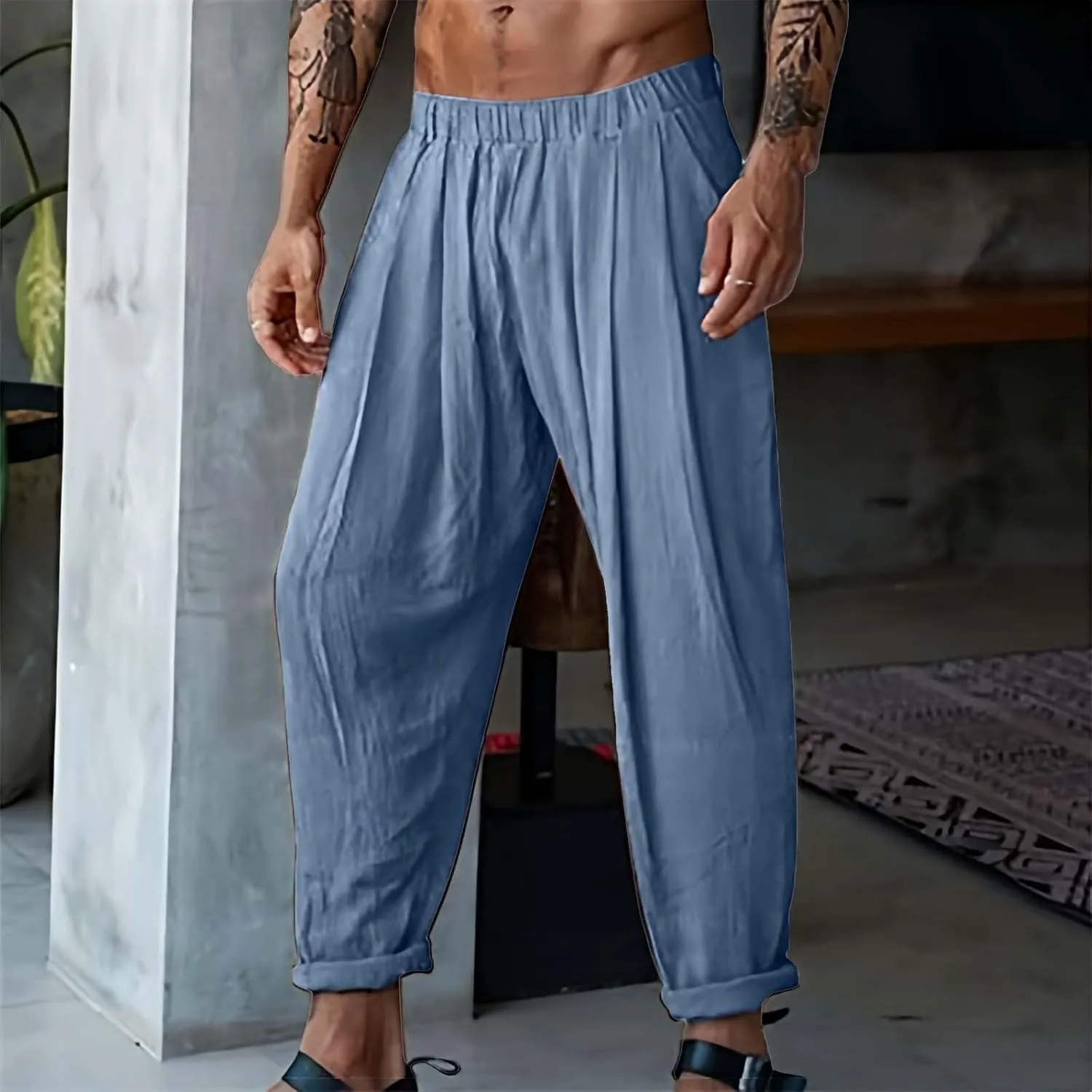 Linen Pants for Men Loose Fit Casual Drawstring Elastic Waist Beach Pants Summer Lightweight Trouser with Pockets