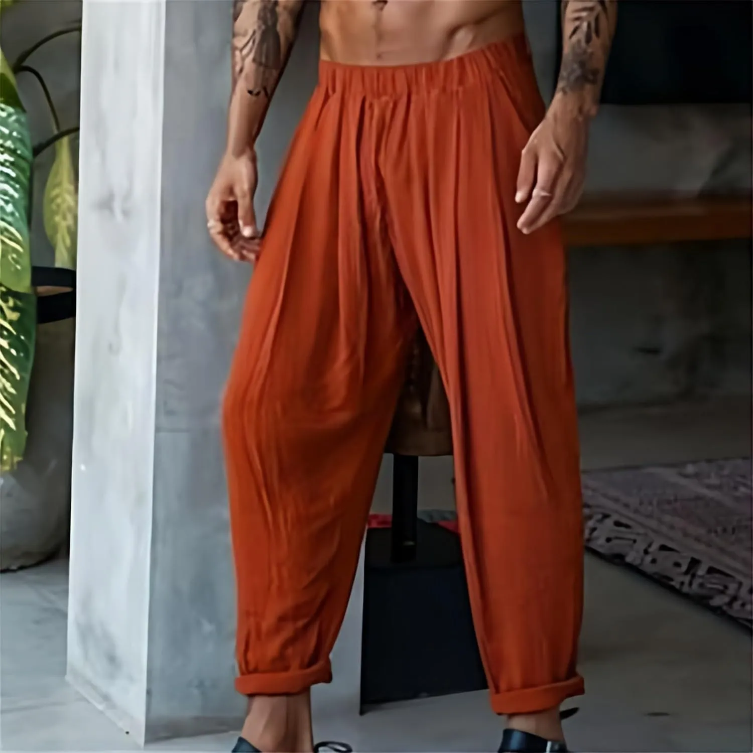Linen Pants for Men Loose Fit Casual Drawstring Elastic Waist Beach Pants Summer Lightweight Trouser with Pockets