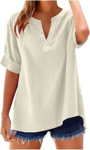 Linen Shirts for Women Button Down Short Sleeve Shirts Cotton Collared V Neck Solid Casual Blouses with Pocket