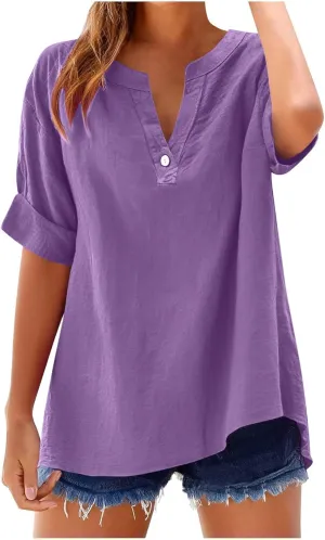 Linen Shirts for Women Button Down Short Sleeve Shirts Cotton Collared V Neck Solid Casual Blouses with Pocket