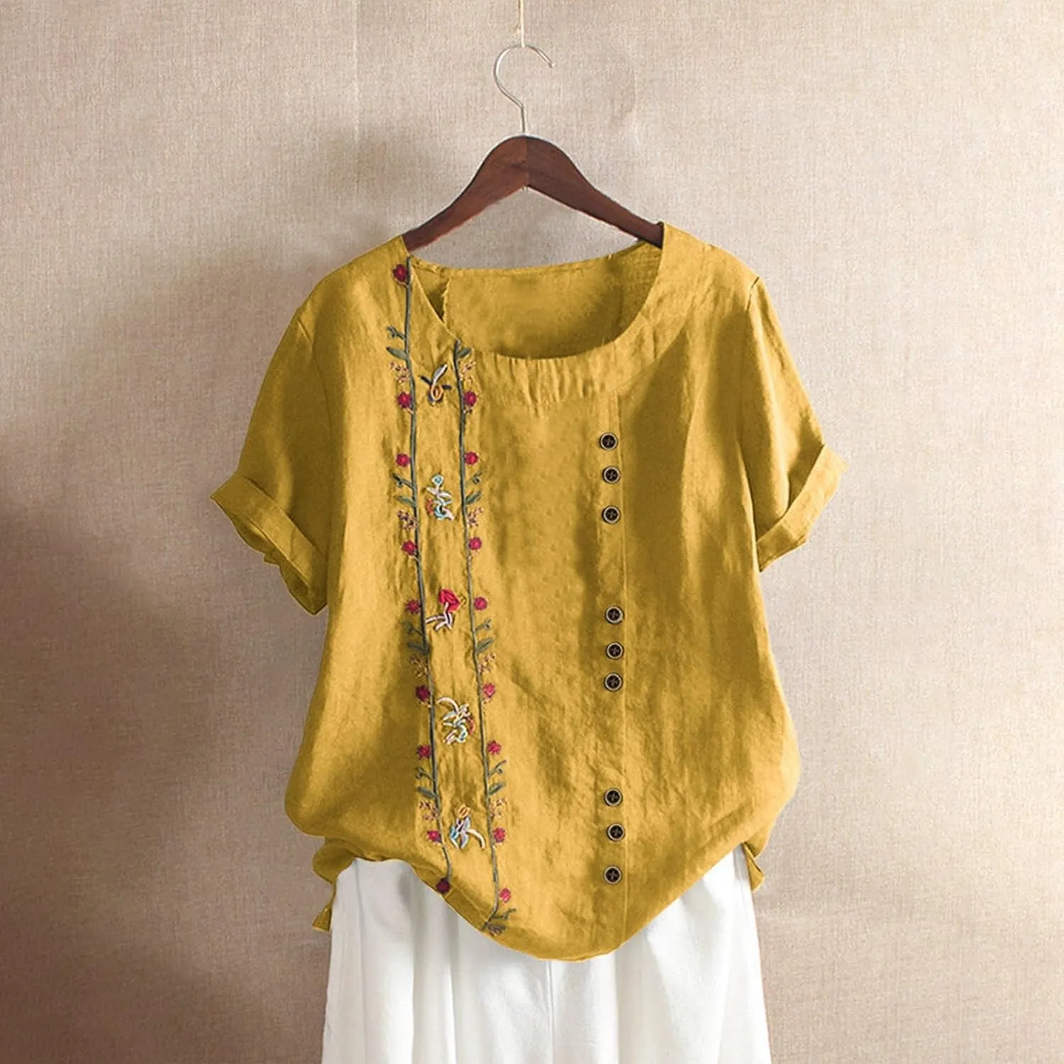 Linen Shirts for Women Cotton Linen Shirts Women Crew Neck Short Sleeve Floral Printed Linen Tunic Tee Shirts Tops Blouse