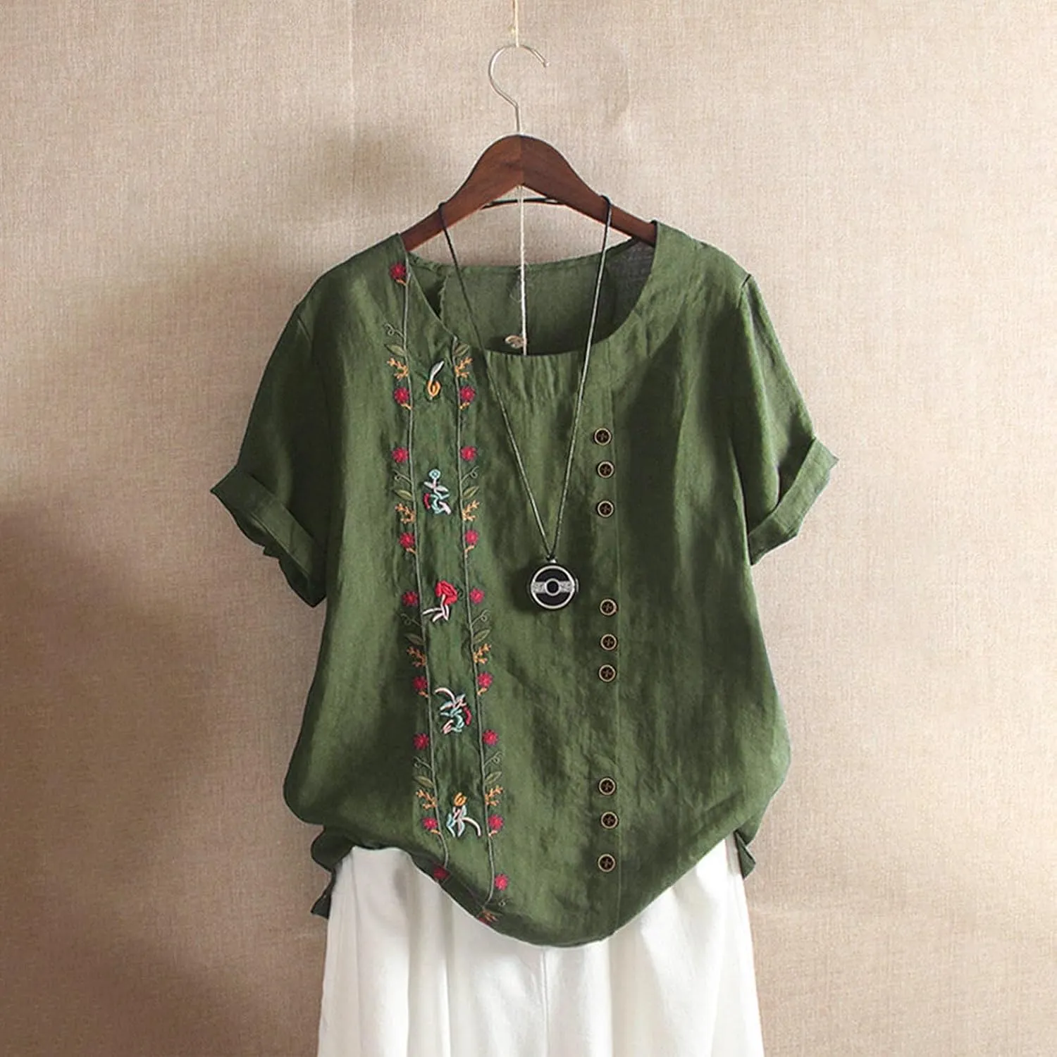 Linen Shirts for Women Cotton Linen Shirts Women Crew Neck Short Sleeve Floral Printed Linen Tunic Tee Shirts Tops Blouse