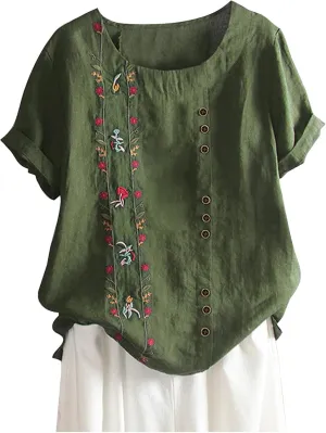 Linen Shirts for Women Cotton Linen Shirts Women Crew Neck Short Sleeve Floral Printed Linen Tunic Tee Shirts Tops Blouse