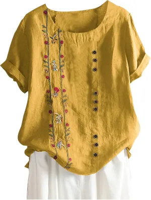 Linen Shirts for Women Cotton Linen Shirts Women Crew Neck Short Sleeve Floral Printed Linen Tunic Tee Shirts Tops Blouse
