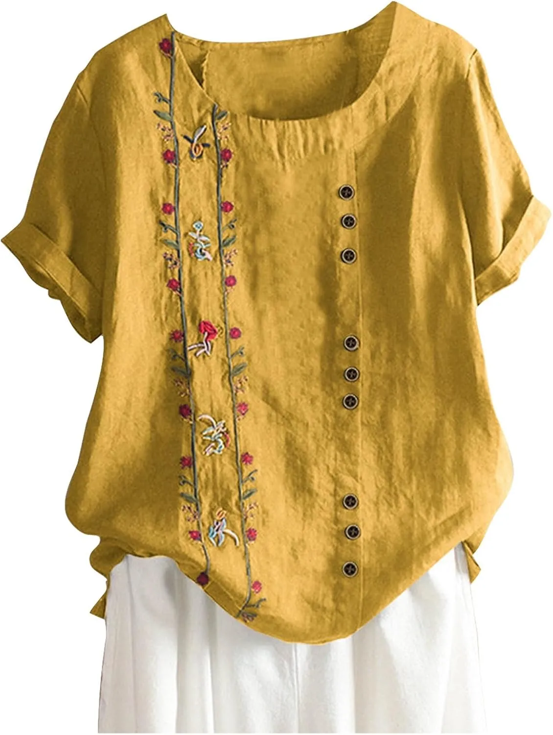 Linen Shirts for Women Cotton Linen Shirts Women Crew Neck Short Sleeve Floral Printed Linen Tunic Tee Shirts Tops Blouse