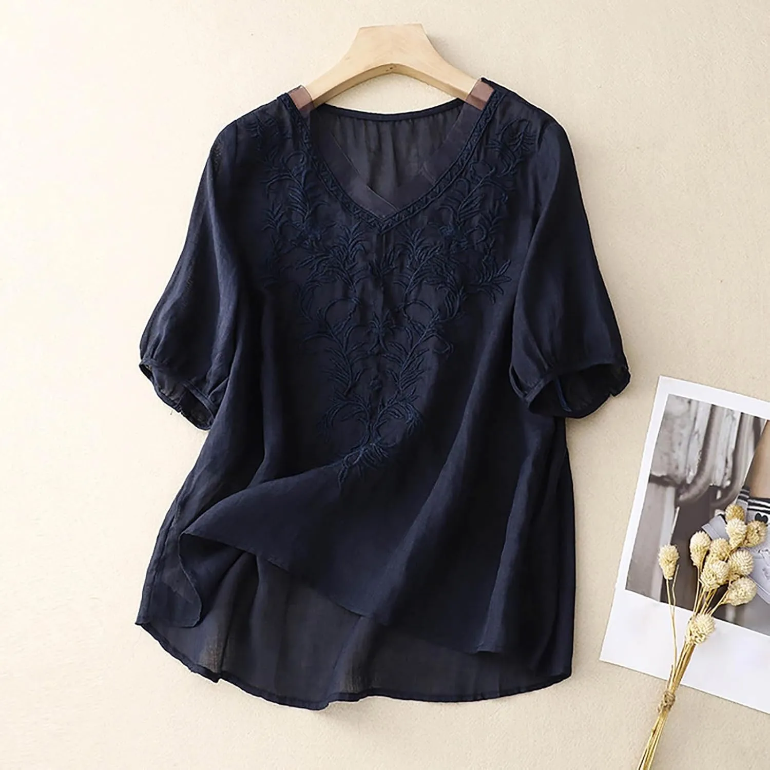 Linen Shirts for Women Crew Neck Embroidery Blouses Bohemian Boho Soft Tshirt Short Sleeve Loose Shirts