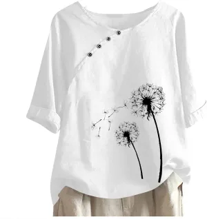 Linen Shirts for Women Dandelion Graphic Tee Summer Cotton Linen Shirts Boho Vacation Clothes Short Sleeve Fashion Top