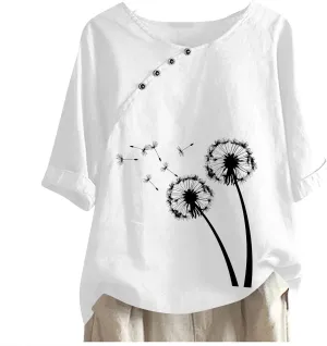 Linen Shirts for Women Dandelion Graphic Tee Summer Cotton Linen Shirts Boho Vacation Clothes Short Sleeve Fashion Top