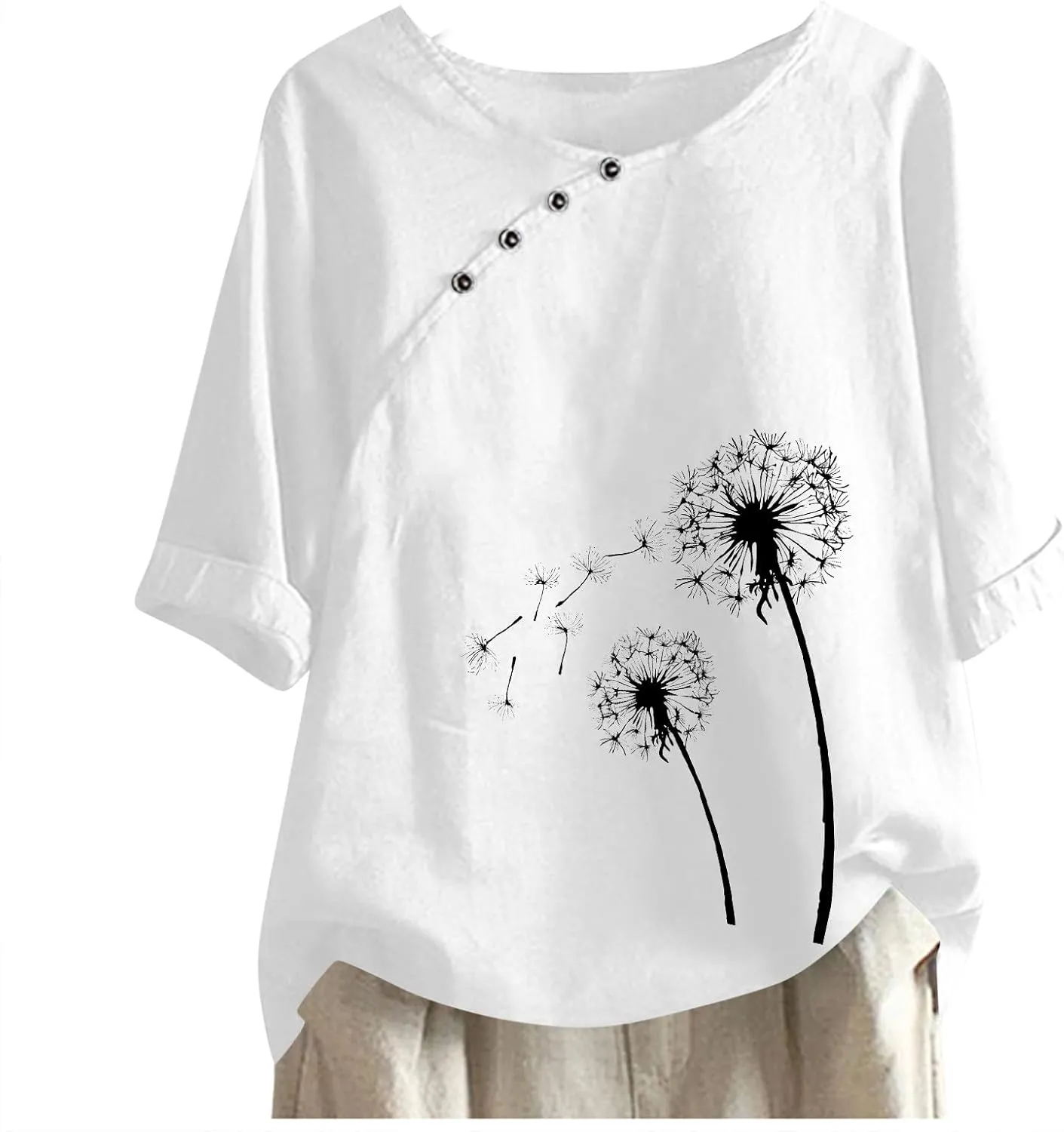 Linen Shirts for Women Dandelion Graphic Tee Summer Cotton Linen Shirts Boho Vacation Clothes Short Sleeve Fashion Top