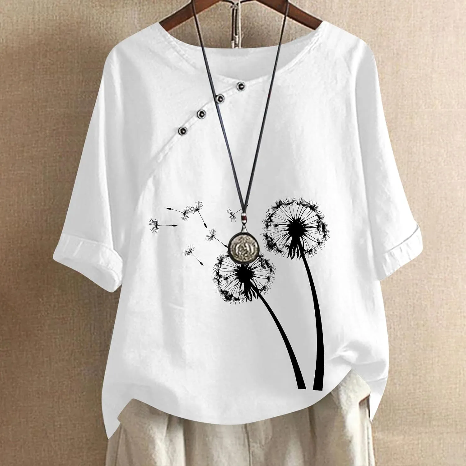Linen Shirts for Women Dandelion Graphic Tee Summer Cotton Linen Shirts Boho Vacation Clothes Short Sleeve Fashion Top