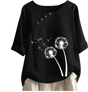 Linen Shirts for Women Dandelion Graphic Tee Summer Cotton Linen Shirts Boho Vacation Clothes Short Sleeve Fashion Top