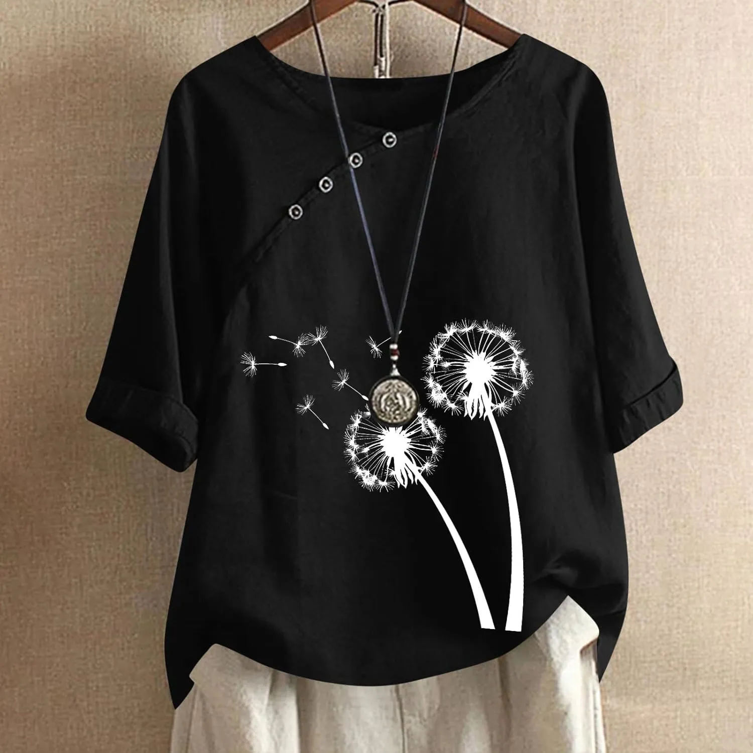 Linen Shirts for Women Dandelion Graphic Tee Summer Cotton Linen Shirts Boho Vacation Clothes Short Sleeve Fashion Top