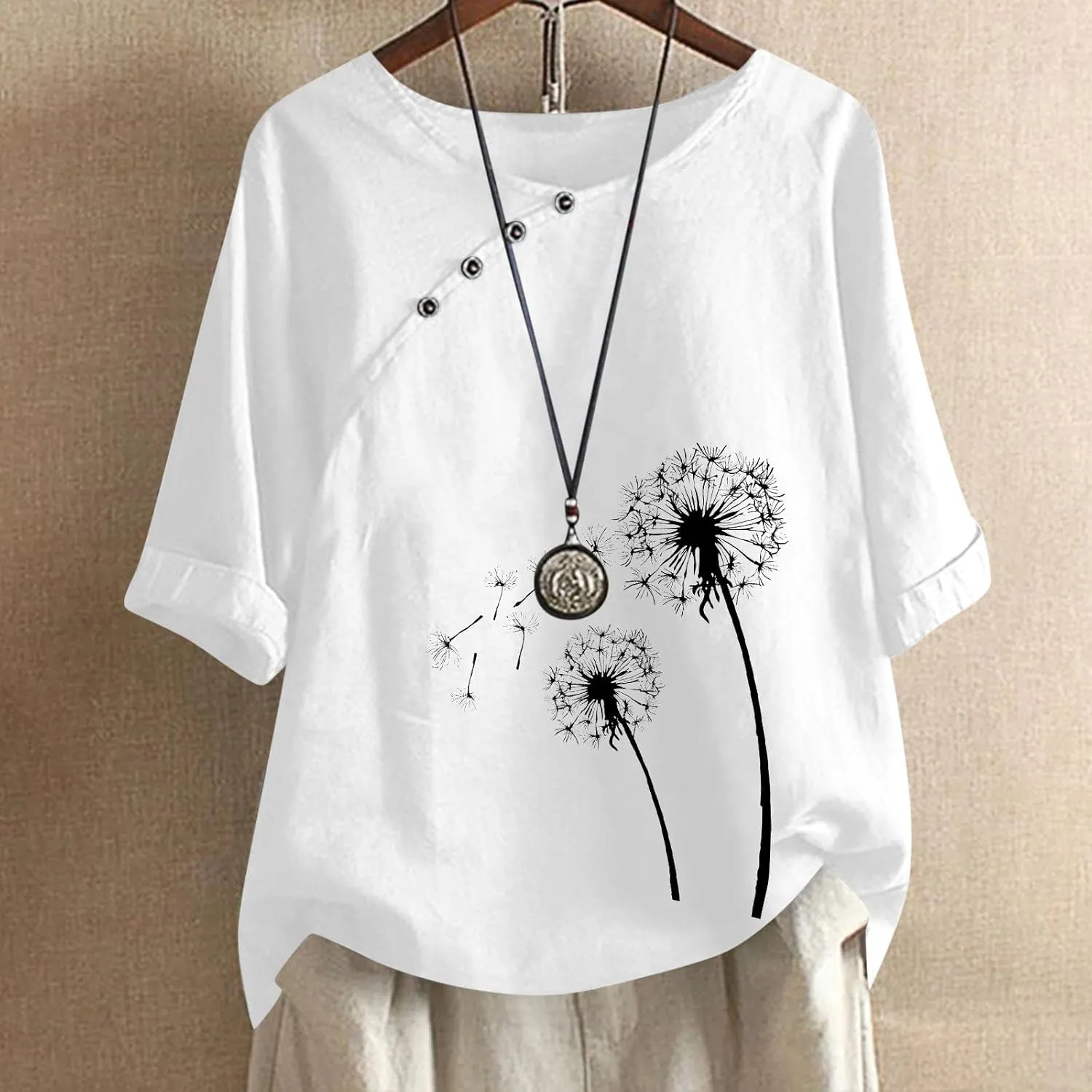 Linen Shirts for Women Dandelion Graphic Tee Summer Cotton Linen Shirts Boho Vacation Clothes Short Sleeve Fashion Top