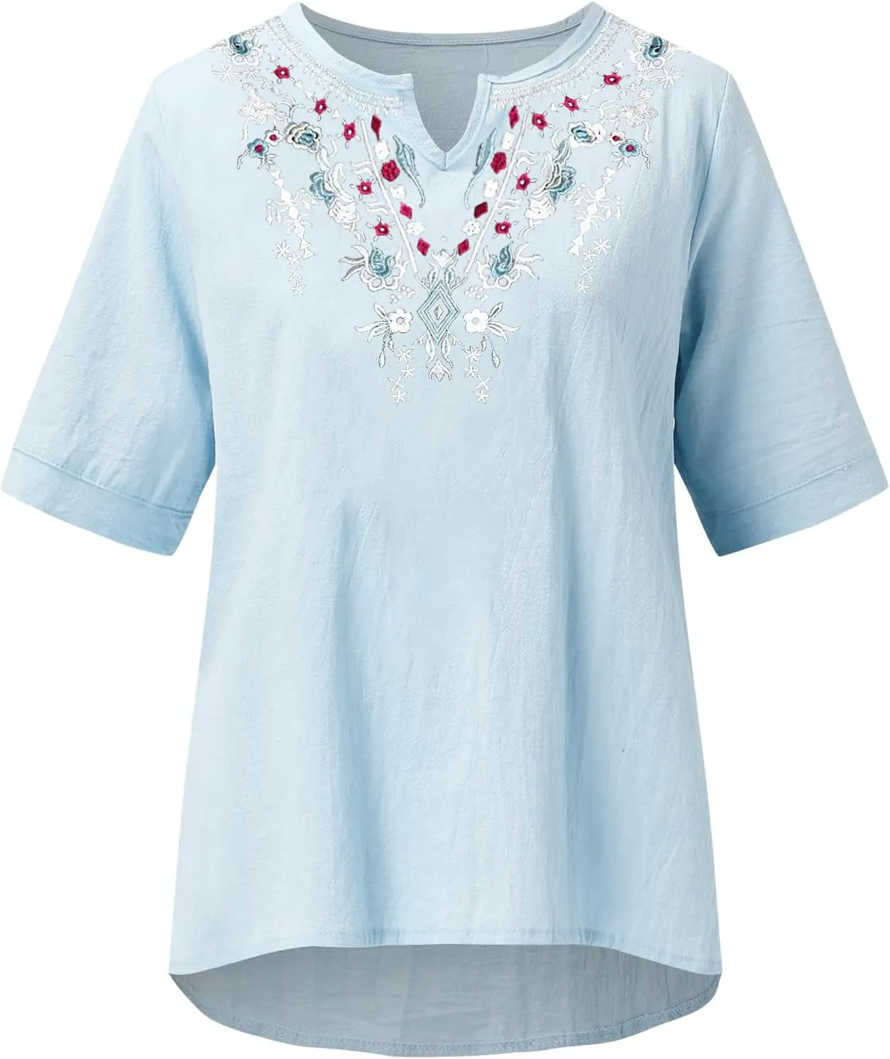 Linen Shirts for Women Embroidery V Neck Shirts Vintage Cotton Linen Tunic Tops Summer Trendy Blouses Tee Shirts Tops