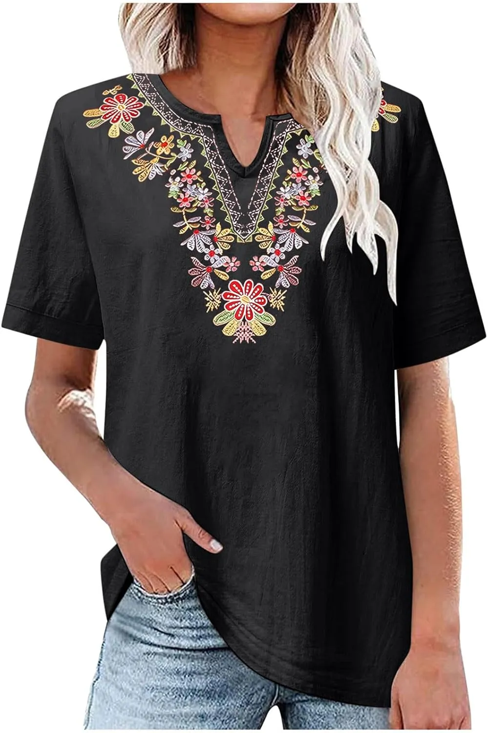 Linen Shirts for Women Embroidery V Neck Shirts Vintage Cotton Linen Tunic Tops Summer Trendy Blouses Tee Shirts Tops