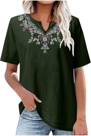 Linen Shirts for Women Embroidery V Neck Shirts Vintage Cotton Linen Tunic Tops Summer Trendy Blouses Tee Shirts Tops