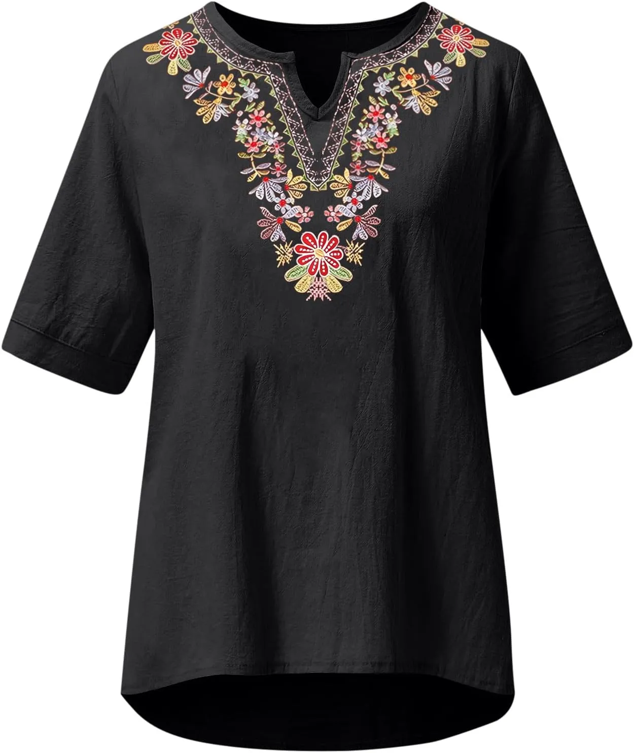 Linen Shirts for Women Embroidery V Neck Shirts Vintage Cotton Linen Tunic Tops Summer Trendy Blouses Tee Shirts Tops