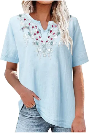 Linen Shirts for Women Embroidery V Neck Shirts Vintage Cotton Linen Tunic Tops Summer Trendy Blouses Tee Shirts Tops