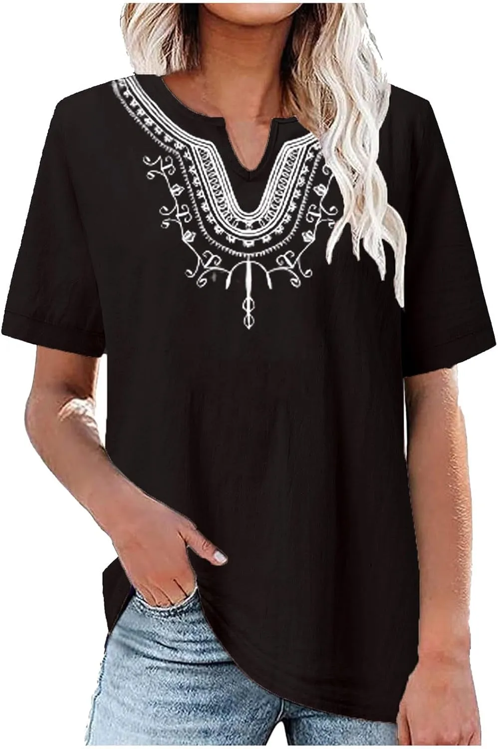 Linen Shirts for Women Embroidery V Neck Shirts Vintage Cotton Linen Tunic Tops Summer Trendy Blouses Tee Shirts Tops