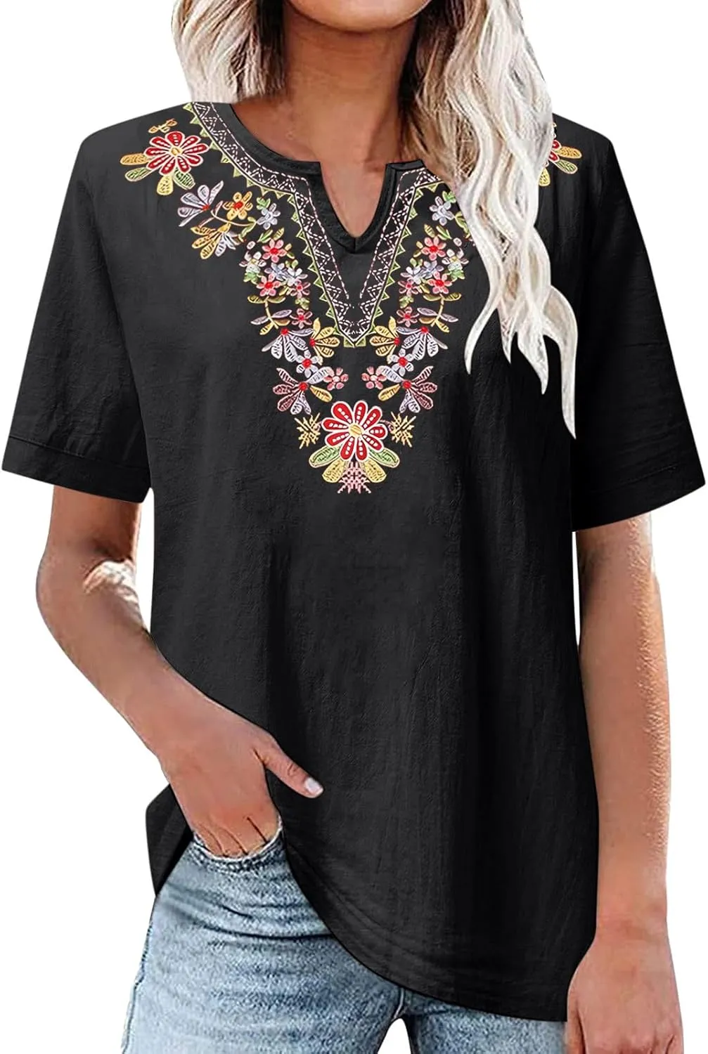 Linen Shirts for Women Embroidery V Neck Shirts Vintage Cotton Linen Tunic Tops Summer Trendy Blouses Tee Shirts Tops