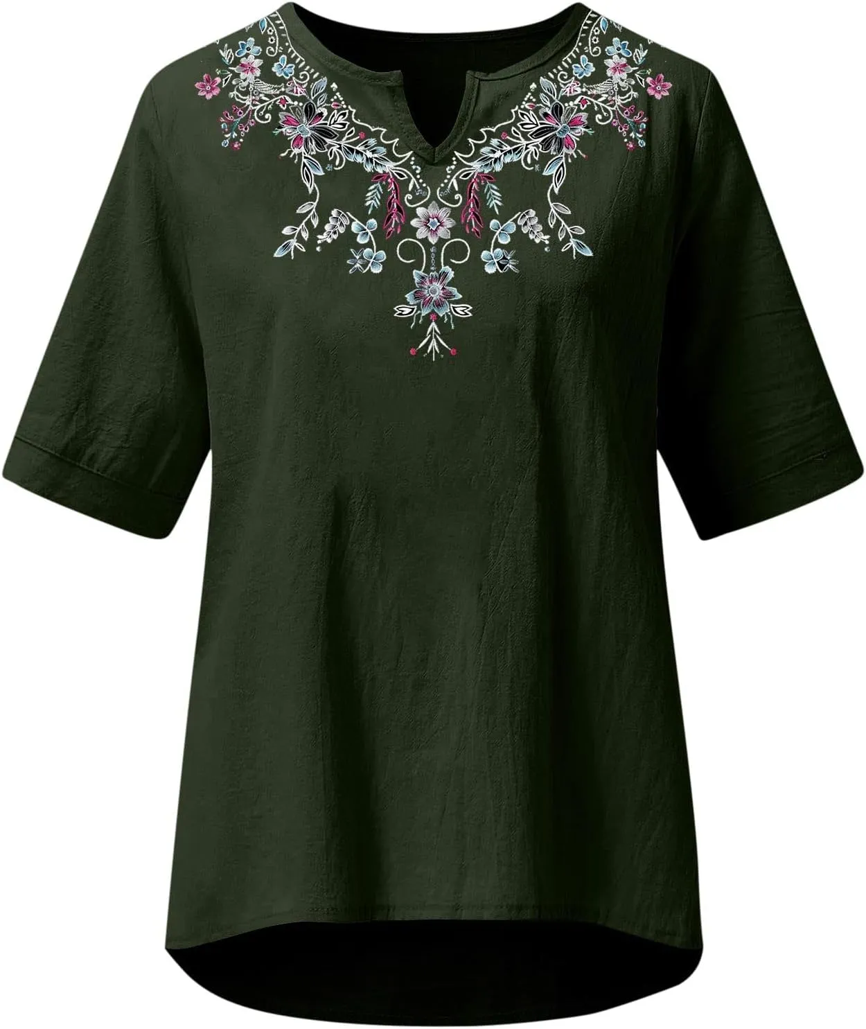 Linen Shirts for Women Embroidery V Neck Shirts Vintage Cotton Linen Tunic Tops Summer Trendy Blouses Tee Shirts Tops