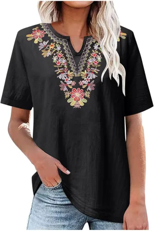 Linen Shirts for Women Embroidery V Neck Shirts Vintage Cotton Linen Tunic Tops Summer Trendy Blouses Tee Shirts Tops
