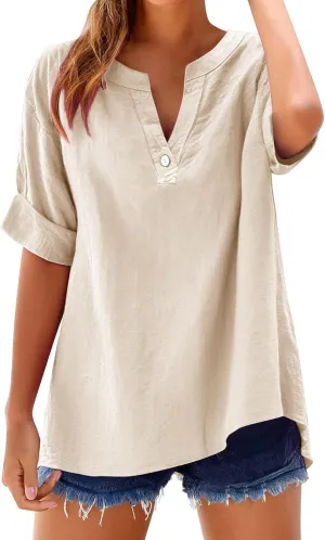Linen Shirts for Women Plus Size Short Sleeve V Neck Shirts Solid Roll up Linen Tops Summer Cotton Blend Tee Shirts